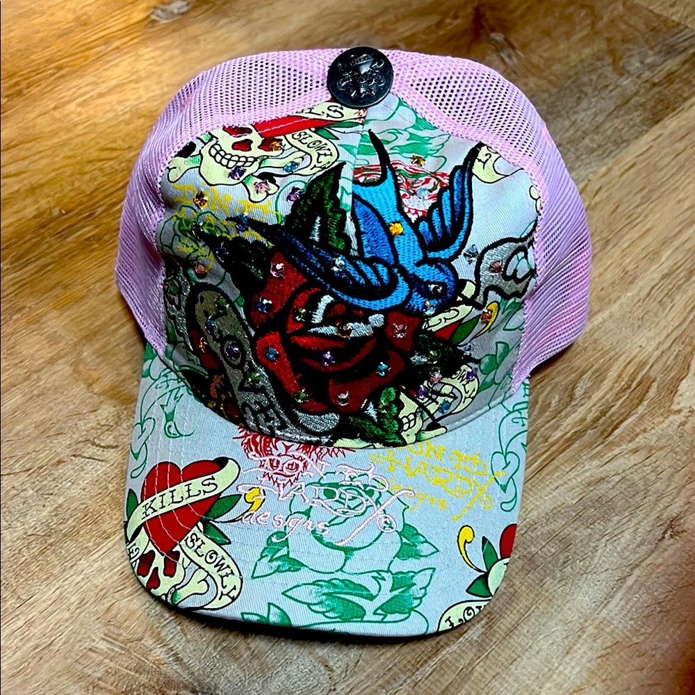 Ed Hardy pink love kills skull tattoo cap with rhinestones New